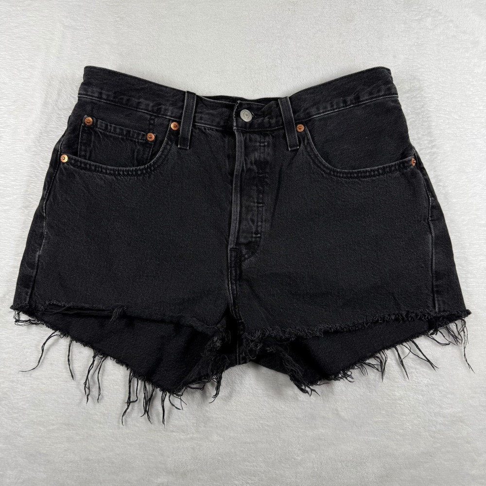 Levis 501 Original Black Denim Cut Off Shorts High Rise Button Fly Frayed 8861